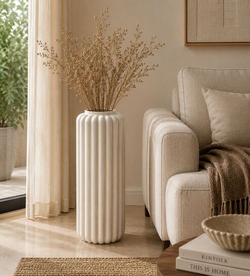 Marble Finish Elegant Fluted White Decorative Vase