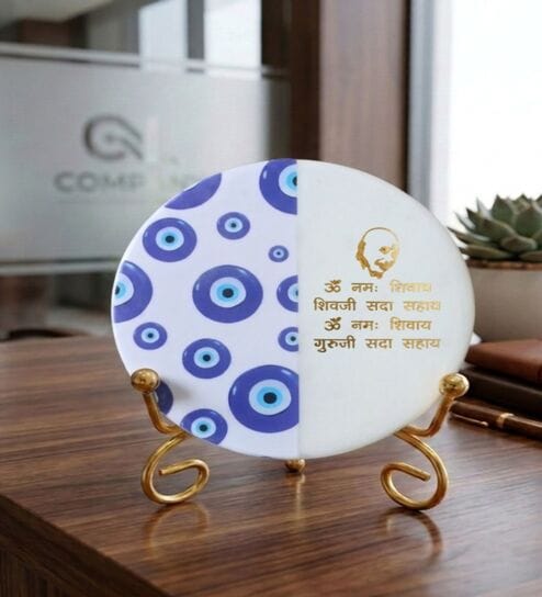 Marble Half Evil Eye Guruji Mantra Wall Plate With Folding Metal Stand