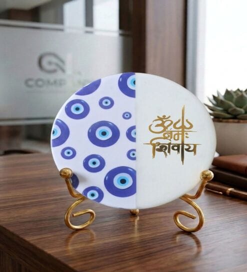 Marble Half Evil Eye Om Namah Shivay Wall Plate With Folding Metal Stand