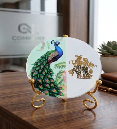 Marble Half Peacock Radha Krishna Wall Plate With Folding Metal Stand