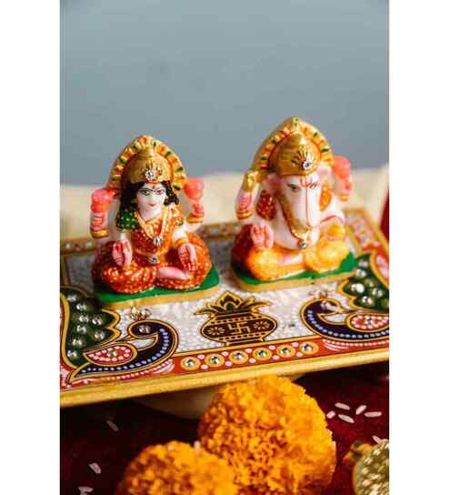 fashion bizz MARBLE LORD LAKSHMI GANESHA WITH CHOWKI 15 cm Handicraft & Artifact Showpiece (Marble, White)-picture-21