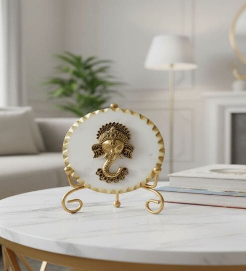 Marble Metal Ganesha Showpiece With Metal Stand