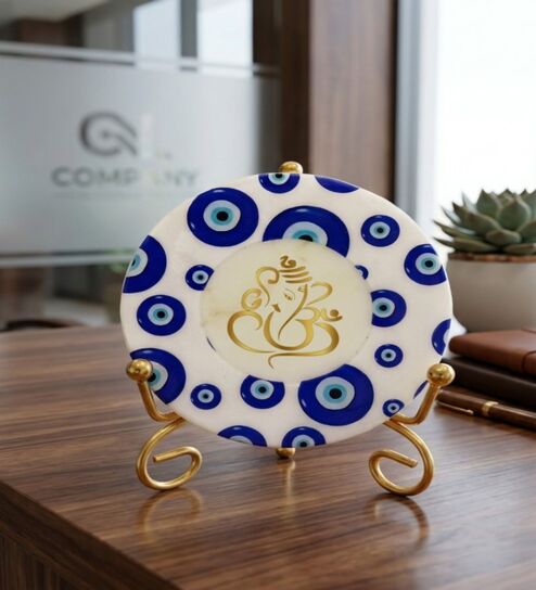 home arte Marble Round Evil Eye Ganesha Showpiece With Folding Metal Stand-picture-23
