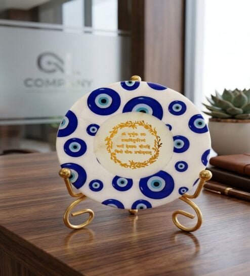 home arte Marble Round Evil Eye Gaytri Mantra Showpiece With Folding Metal Stand-picture-4