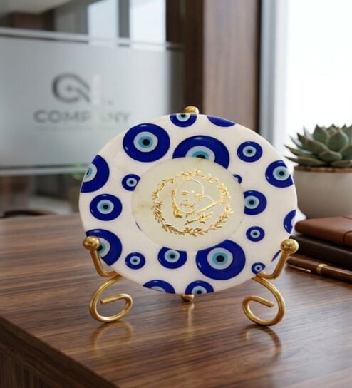 Marble Round Evil Eye Guruji Wall Plate With Folding Metal Stand
