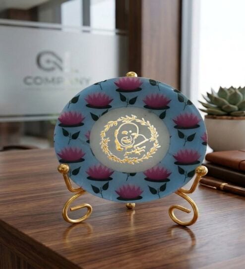 Marble Round Pichwai Guruji Wall Plate With Folding Metal Stand