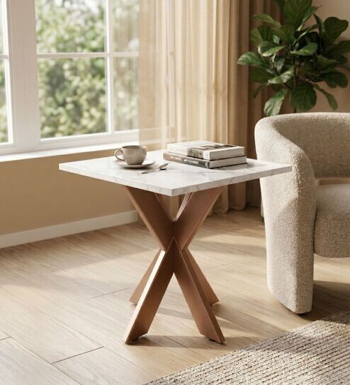 Marble top End table Coffee Table In White Marble Brown Pattern And Copper Steel Base Finish