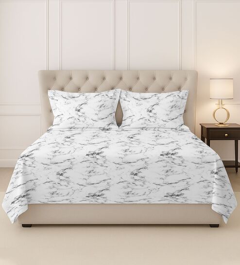 Marble White Printed 400 TC Cotton Super King Sized Bedsheet with 2 Pillow Covers