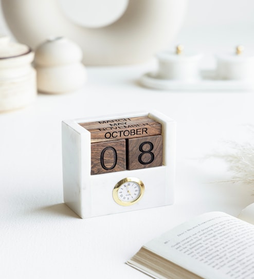 White Marble Wood Table Clock With Calendar