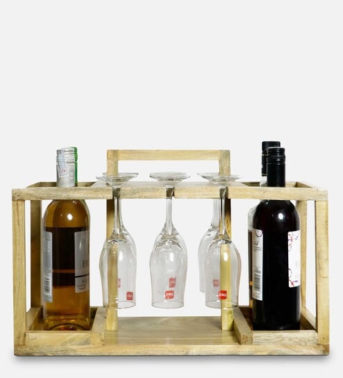 Mareita Table Top Wine Rack Rack with Glass Holder & Handle in Natural Finish