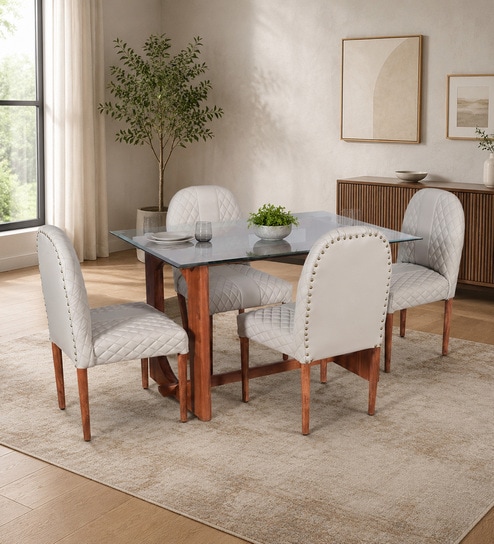 Mariager Acacia Wood 4 Seater Dining Set In Natural Glazed Finish with Grey Leatherette
