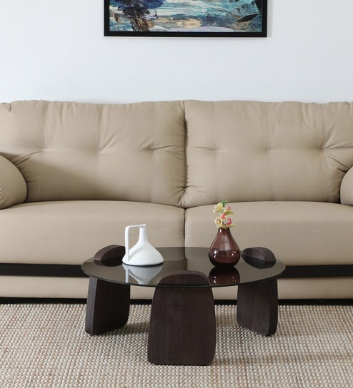 Mariano Mango Wood Coffee Table In Wirebrush Walnut Finish With Black Tinted Glass Top