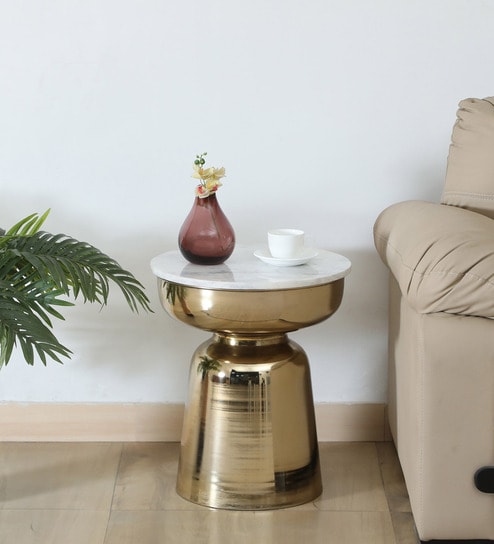 Mariano Metallic End Table In Gold Electroplating Finish With White Marble Top