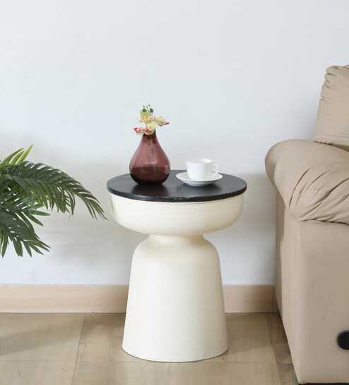 Mariano Metallic End Table In Off White Finish With Black Marble Top