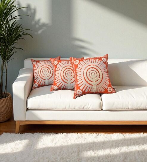 Orange Cotton Embroidered 18x18 inches Cushion Covers Set of 3