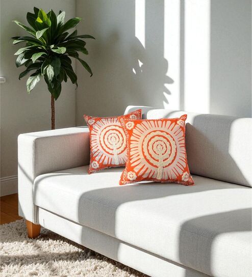 Orange Cotton Embroidered 18x18 inches Cushion Covers Set of 2