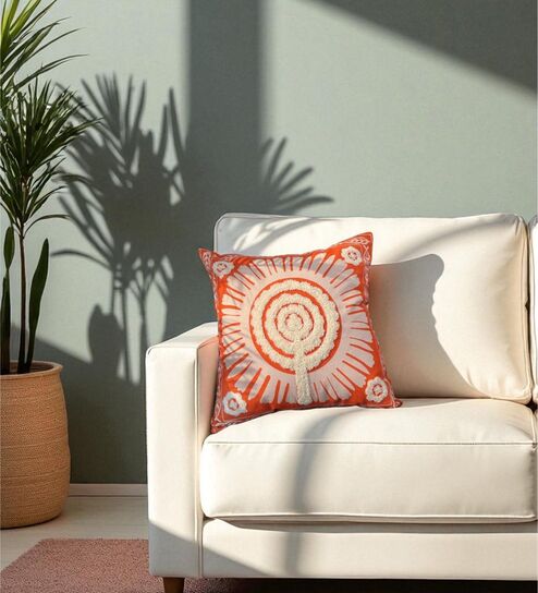 Orange Cotton Embroidered 18x18 inches Cushion Cover