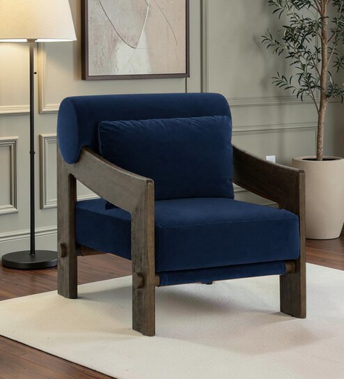 Marlow Sheesham Wood Lounge Chair In Dark Blue Color