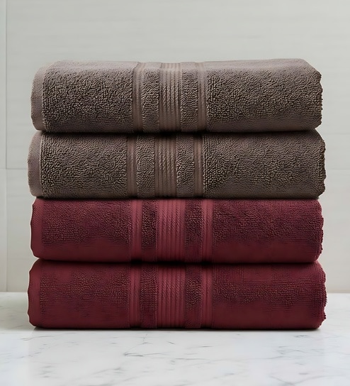 Maroon & Brown Soft Cotton 500 GSM Solid Bath Towel Pack Of 4