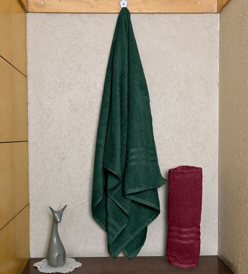 Maroon & Green Cotton Solid 550 GSM 2 Pcs Bath Towels