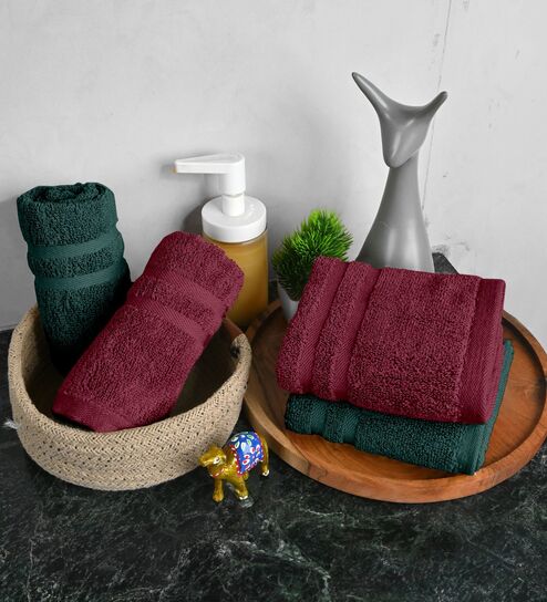 Maroon & Green Cotton Solid 550 GSM 4 Pcs Hand Towels