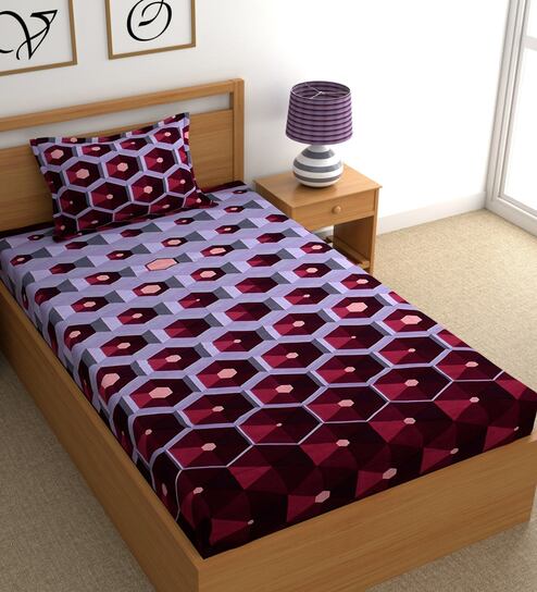 Maroon & Grey Geometric 180 TC Microfiber Single Bedsheet With 1 Pillow Cover