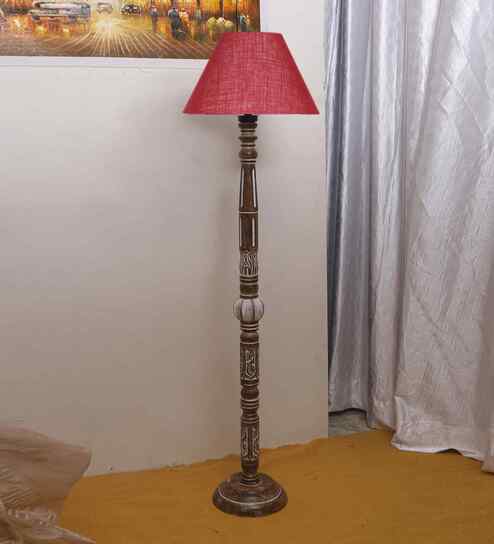 Maroon Jute Conical Wooden Floor Lamp