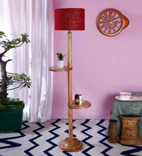 Maroon Jute Drum Wooden Floor Lamp