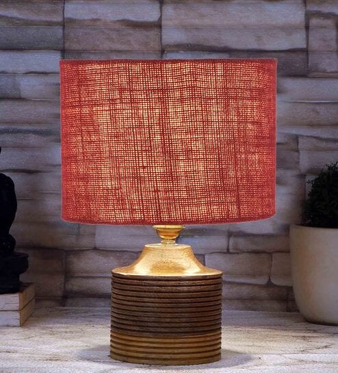 Maroon  Shade Table Lamp With Wood Base By New Era