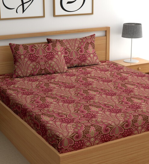 Maroon 180 TC Floral Cotton Queen Double Bedsheet 2 Pillow covers