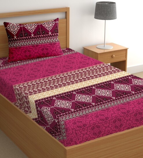 Maroon 180 TC Abstract Cotton Single Bedsheet Pillow covers