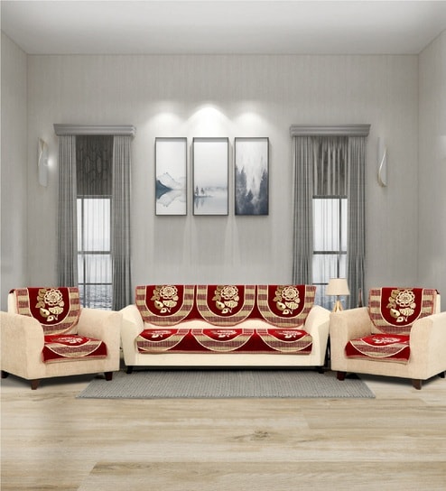 Maroon 5 Seater Floral 10Pcs Sofa Covers