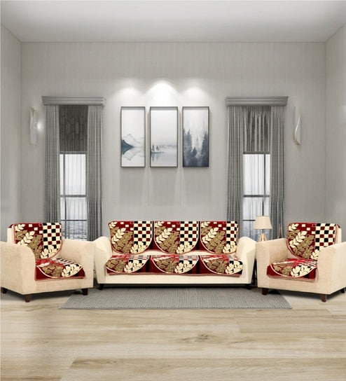 Maroon 5 Seater Checkered 10Pcs Sofa Covers