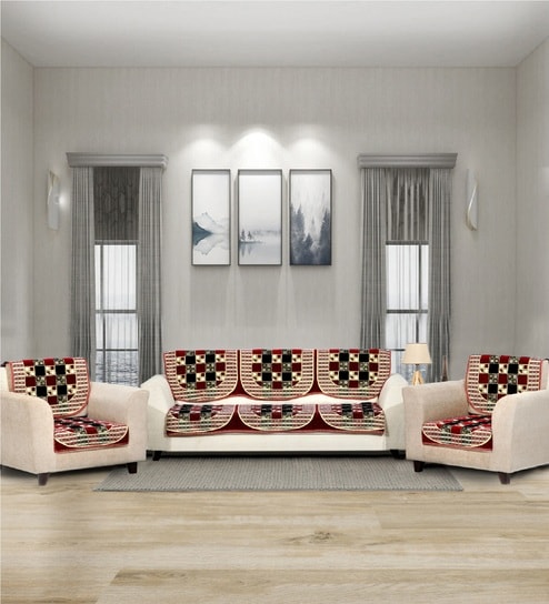 Maroon 5 Seater Checkered 10Pcs Sofa Covers