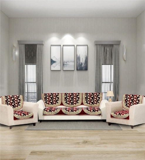 Maroon 5 Seater Polka Dot 10Pcs Sofa Covers