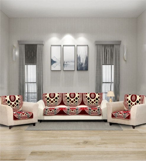 Maroon 5 Seater Checkered 10Pcs Sofa Covers