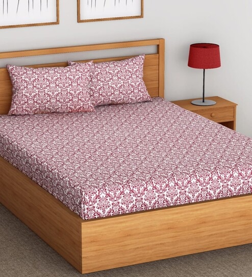 Maroon Abstract 144 TC 100% Cotton Fitted Bedsheet & 2 Pillow Covers