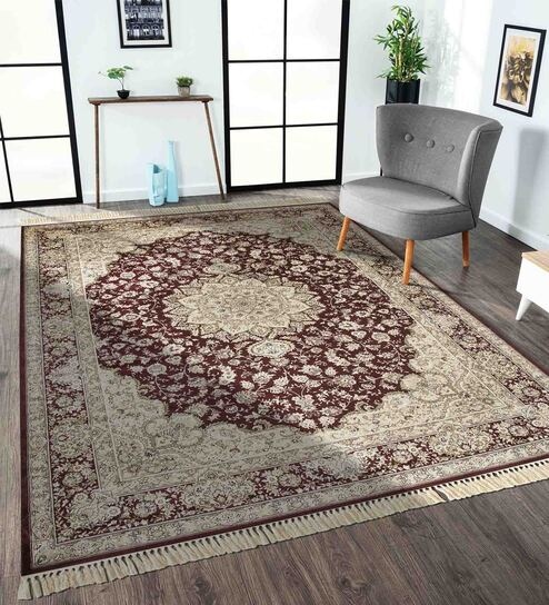 Maroon and Beige Persian 3x5 Feet Machine Made Carpet