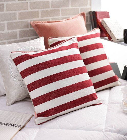 Buy Set Of 2 Geometric Pattern Cotton Red Cushion Covers 18 X 18