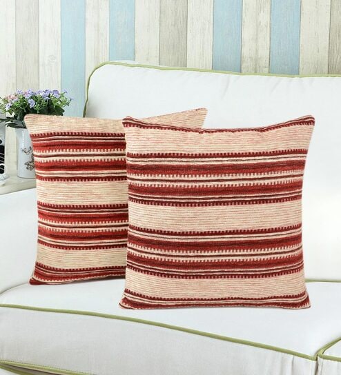 Maroon Striped Cotton 16 x 16 Inches Cushion Covers (Set of 2)