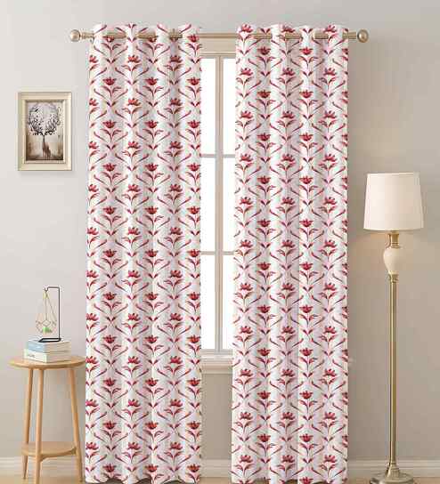 Maroon Cotton Leaf 7ft Semisheer Eyelet Door Curtain (2 Pc)