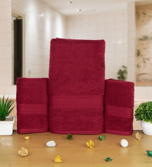 Maroon Cotton Solid  500 GSM Bath & Hand Towels Pack of 3 (1Bath 2 Hand)