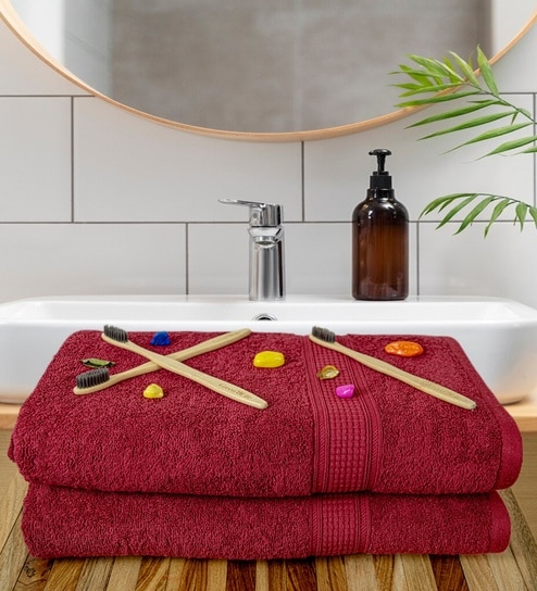 Maroon Cotton Solid  500 GSM Bath Towels Pack of 2