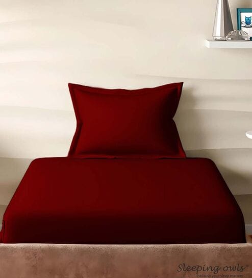 Maroon Cotton Solid 210TC Plain Single Bedsheet with 1 Pillow Cover