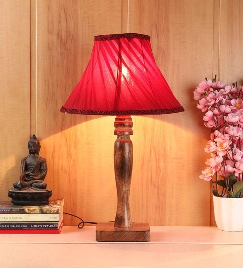 Deigo Maroon Fabric Shade Night Lamp With Mango wood Base By Foziq