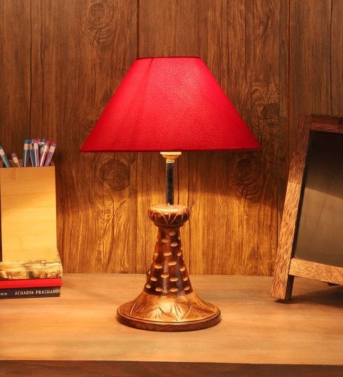 Diseno Maroon Fabric Shade Night Lamp With Mango wood Base By Foziq