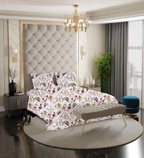 Maroon Floral 180 TC Cotton Queen Size Double Bedsheet with 2 Pillow Covers