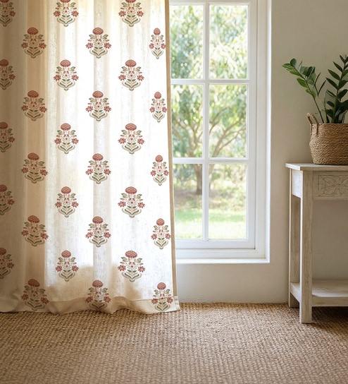 Maroon Cotton Floral 7 Ft Eyelet Door Curtains (Set Of 2)