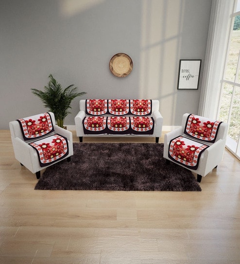 Maroon Floral Polyester 5 Seater Sofa Cover