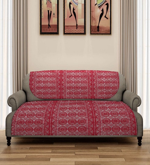 Maroon Floral Polyester Net 5 Seater Sofa Cover